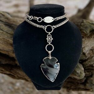 Black obsidian arrow on stainless steel maille celtic knot lariat Y necklace.